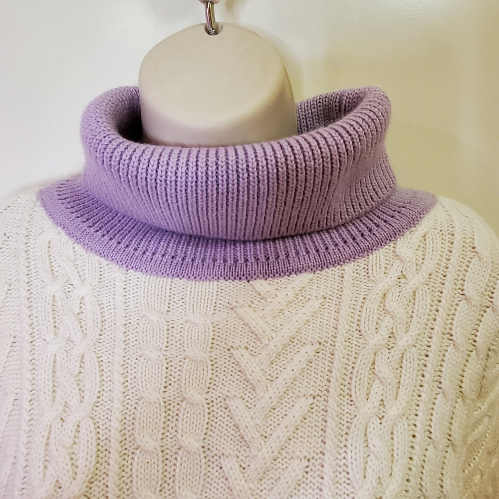 Tularosa Chunky Cream & Lavender Cable Knit Turtleneck Sweater, Size X-Large - Picture 10 of 15